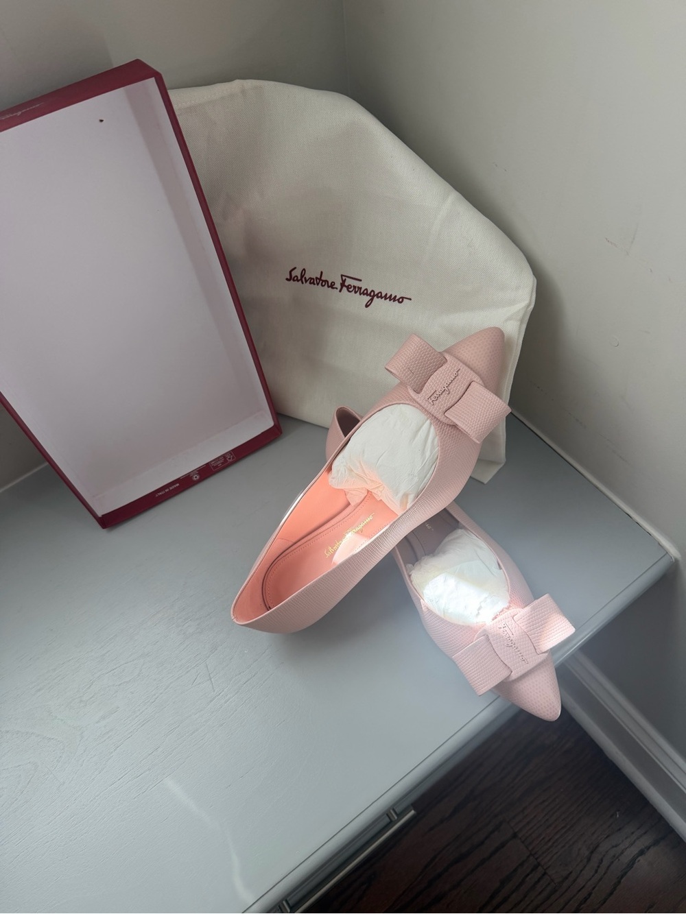 Salvatore Ferragamo Blush Pink Bow Pointed Flats